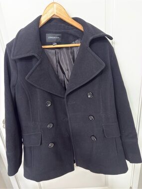 London Fog Black Double Breasted PeaCoat Size Large Button Closure notched colla